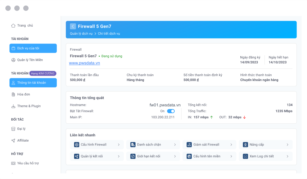 Trang chi tiết dịch vụ Firewall trên bảng điều khiển POWES