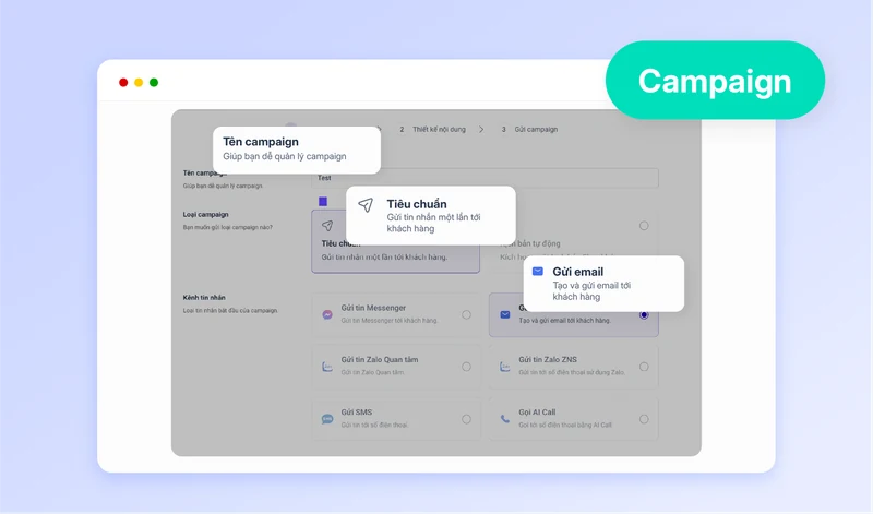Màn tạo Campaign: đặt tên, chọn loại Tiêu chuẩn và kênh gửi Email, Messenger, Zalo, SMS hoặc AI Call.