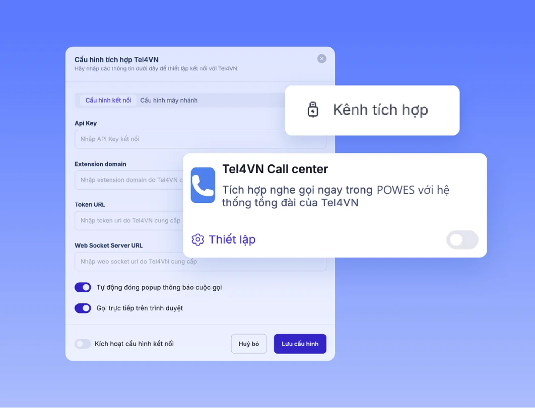 Cấu hình tích hợp tổng đài Tel4VN: API key, extension domain, token URL