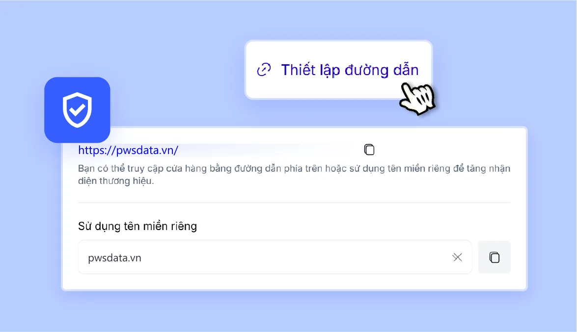 Bảng thiết lập đường dẫn cửa hàng với ô nhập tên miền riêng.