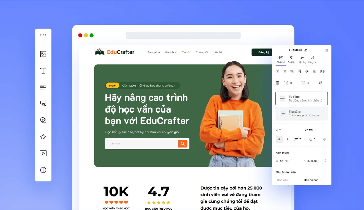 Trình dựng trang đang mở một website, thanh công cụ bên trái và bảng tuỳ chỉnh bên phải.