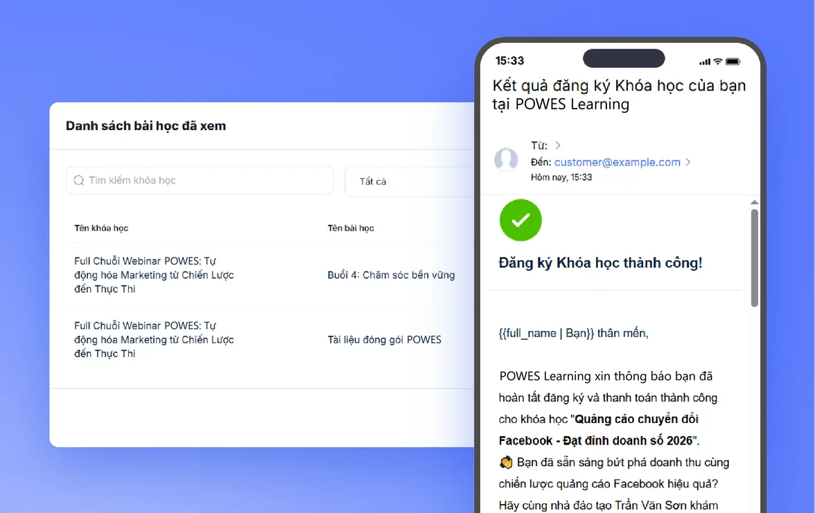 Danh sách bài học học viên đã xem và email tự động báo đăng ký khóa học thành công