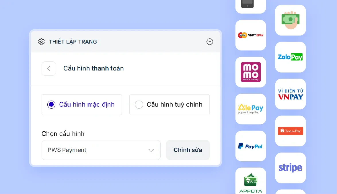 Bảng cấu hình thanh toán bên cạnh biểu tượng các ví điện tử và cổng thanh toán.