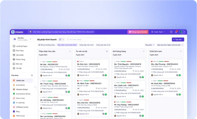 Bảng Kanban giao dịch chia cột theo giai đoạn bán hàng