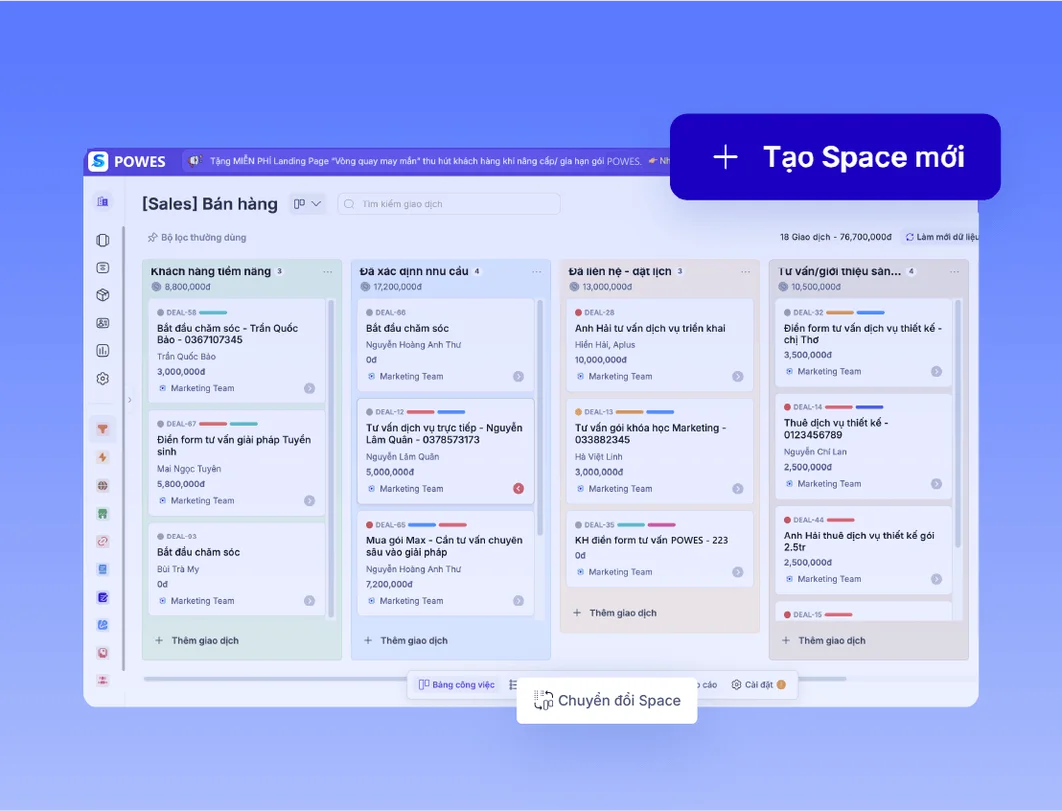 Bảng Kanban quy trình bán hàng theo từng giai đoạn cùng nút tạo Space mới