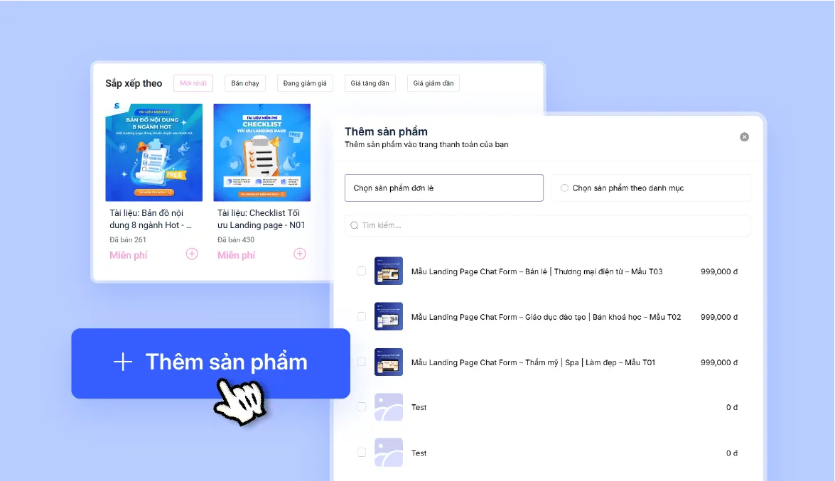 Bảng thêm sản phẩm vào trang cửa hàng, chọn sản phẩm đơn lẻ hoặc theo danh mục, cùng nút Thêm sản phẩm.