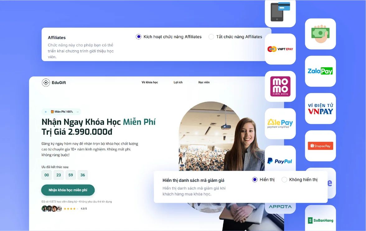 Landing page tặng khóa học miễn phí, bật chức năng Affiliates, hiển thị mã giảm giá và các cổng thanh toán như MoMo, ZaloPay, VNPAY, PayPal