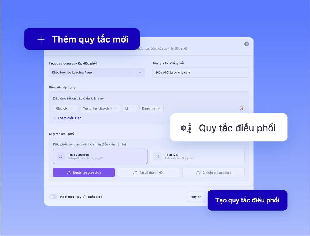 Hộp thoại thêm quy tắc điều phối: điều kiện áp dụng, chia theo vòng tròn hoặc theo tỷ lệ