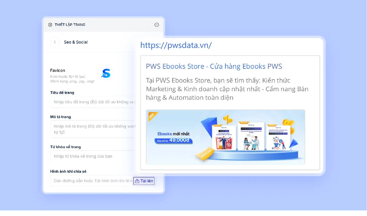 Bảng thiết lập SEO và mạng xã hội cạnh bản xem trước khi chia sẻ đường dẫn cửa hàng.