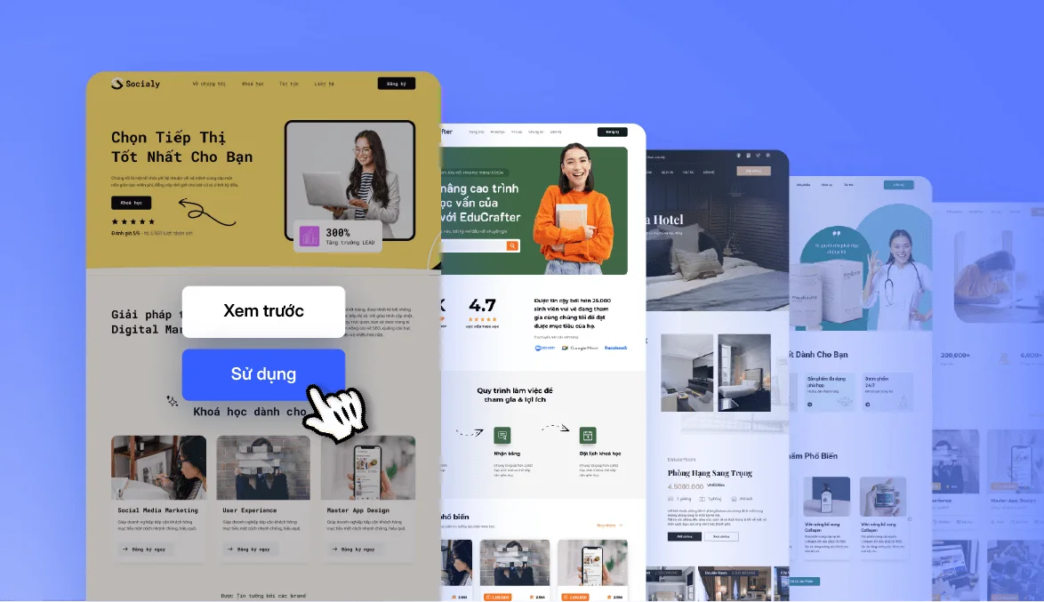 Nhiều mẫu website xếp chồng nhau, một mẫu đang hiện hai nút Xem trước và Sử dụng.