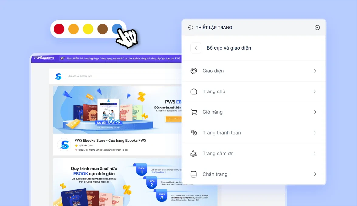 Trang cửa hàng đang chỉnh giao diện, bảng chọn màu và bảng thiết lập trang với các mục Trang chủ, Giỏ hàng, Trang thanh toán.
