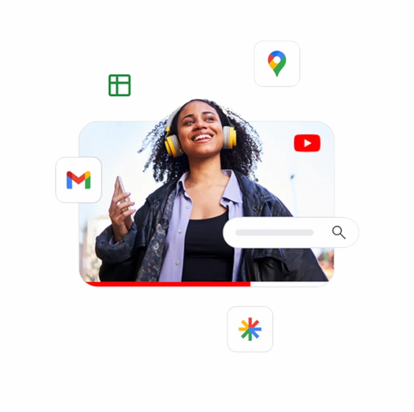 Quảng cáo video tai nghe được bao quanh bởi các biểu tượng sản phẩm Google thể hiện phạm vi tiếp cận của Tối đa hoá hiệu suất.