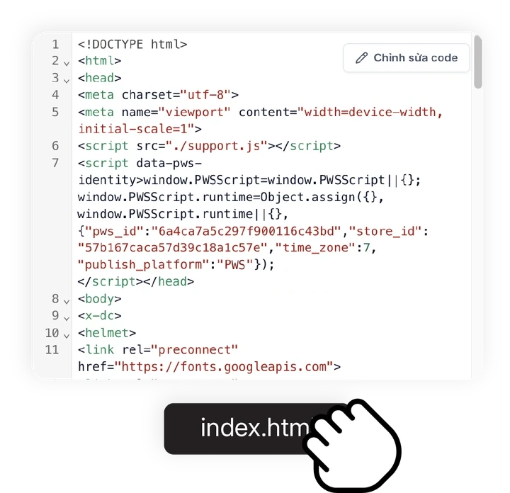 Khung soạn mã của trang, đang mở tệp index.html.
