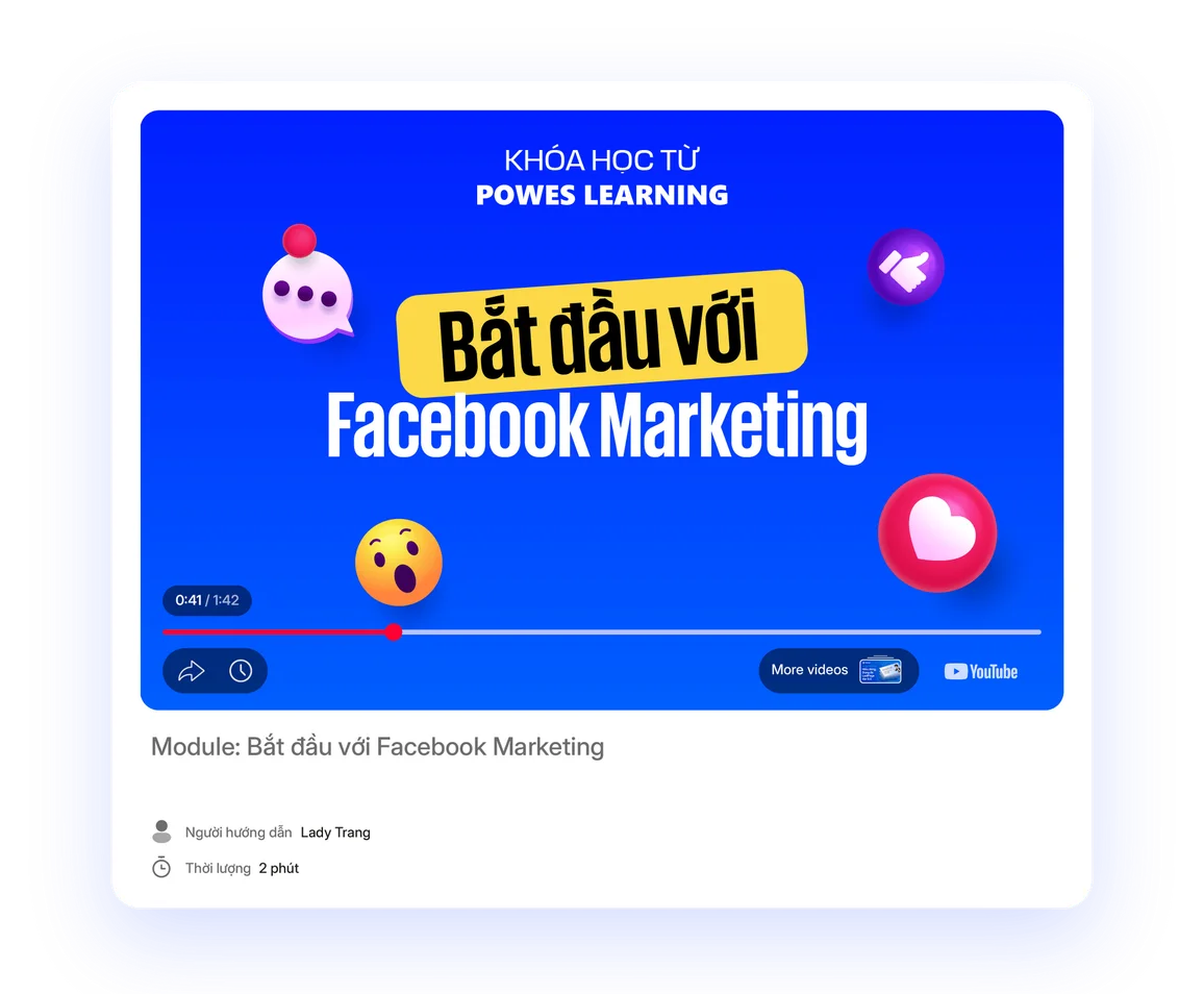 Nền tảng E-learning của POWES: video bài học của khoá học, bảng danh sách học viên, thẻ tỉ lệ mua khoá học trả phí và biểu đồ doanh thu tăng trưởng