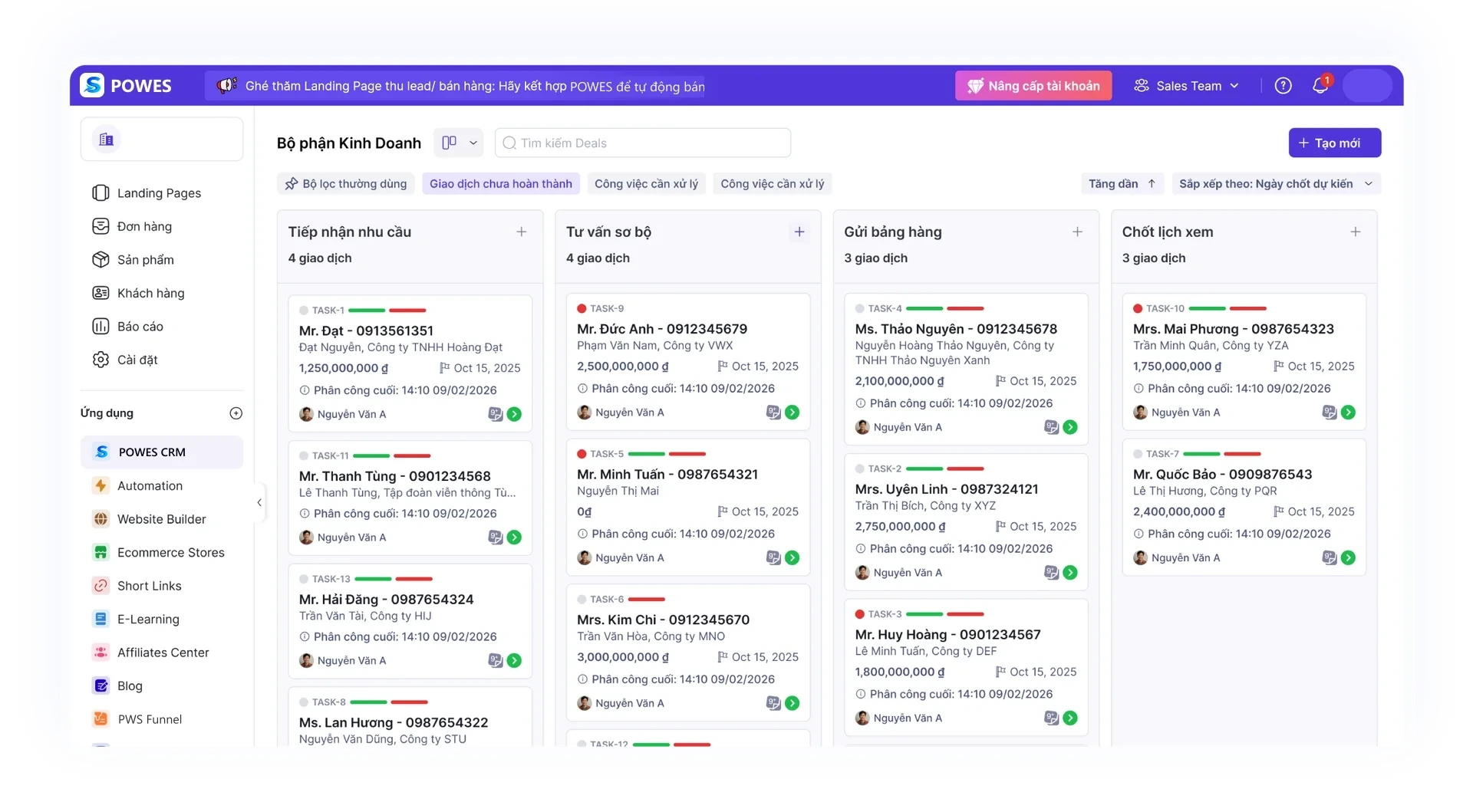 Giao diện POWES CRM: bảng giao dịch của bộ phận kinh doanh chia theo giai đoạn Tiếp nhận nhu cầu, Tư vấn sơ bộ, Gửi bảng hàng và Chốt lịch xem