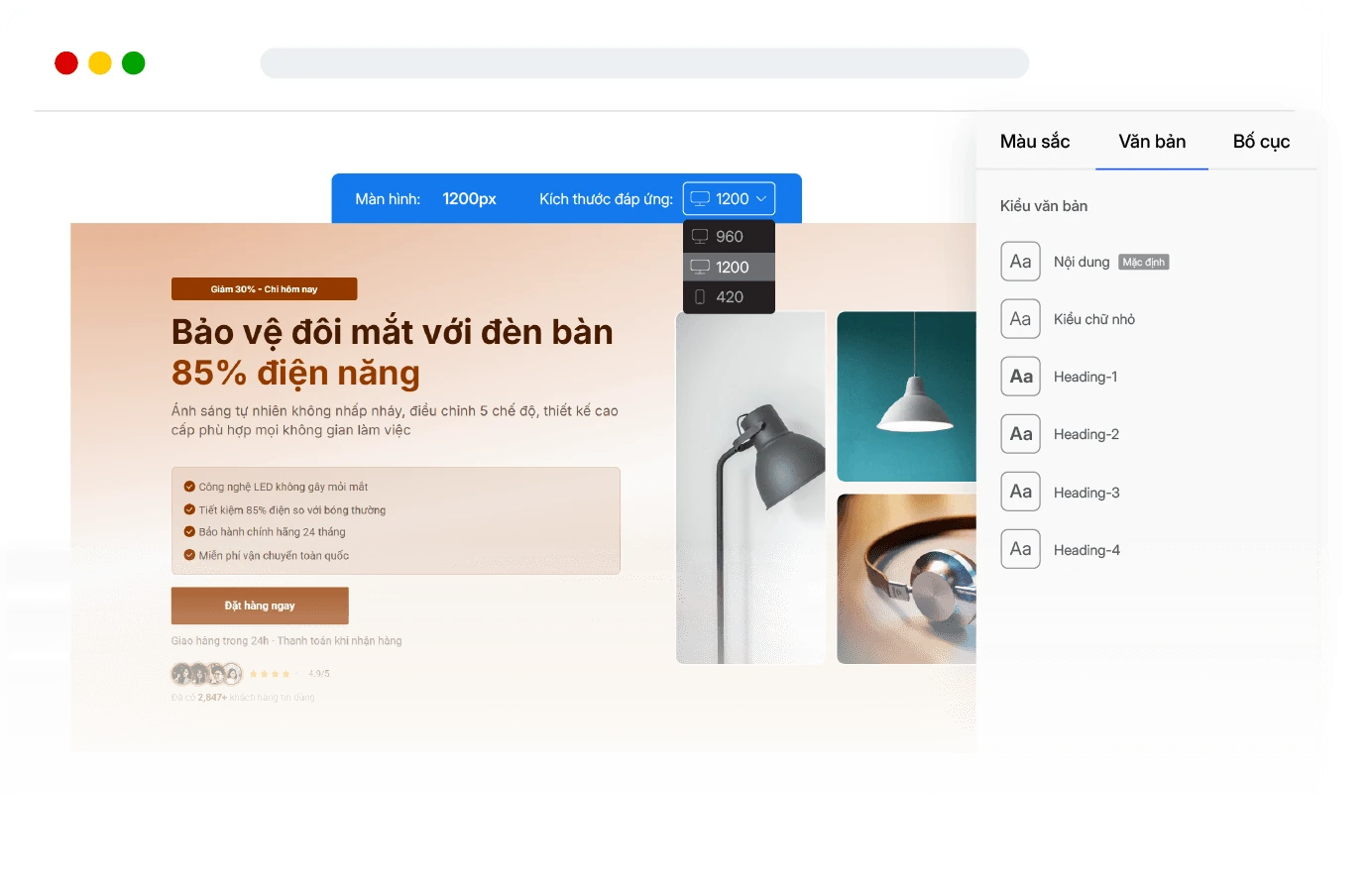 Trình dựng trang đang mở một landing page bán đèn bàn, kèm bảng chọn kích thước màn hình và bảng kiểu chữ bên phải.