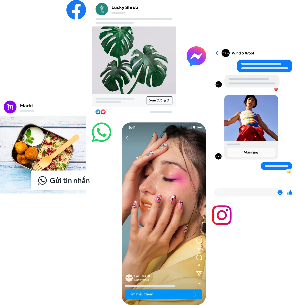 Ảnh ghép các mẫu quảng cáo trên hệ Meta: bài đăng Facebook của một cửa hàng cây cảnh, bài đăng món ăn kèm nút gửi tin nhắn, một mẩu Instagram Reels và một cuộc trò chuyện Messenger có nút mua ngay.