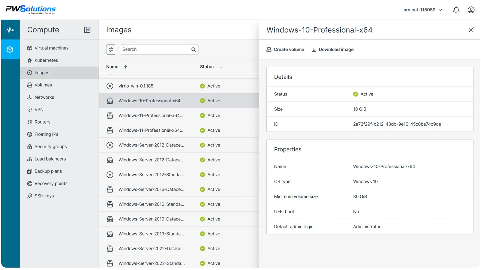 Giao diện quản lý image Enterprise Cloud