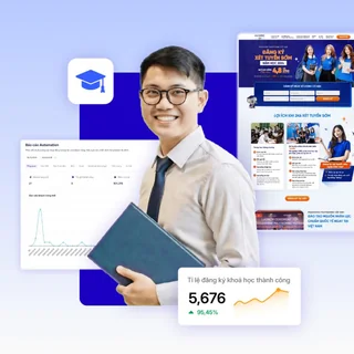 Giảng viên cầm sách cạnh trang khoá học và biểu đồ tỉ lệ đăng ký khoá học thành công.