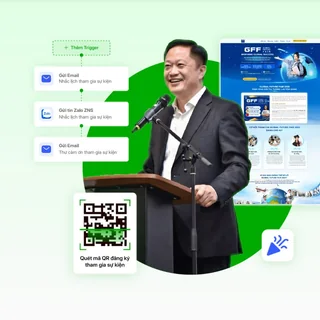 Diễn giả trên sân khấu cạnh kịch bản gửi email, Zalo và mã QR check-in sự kiện.