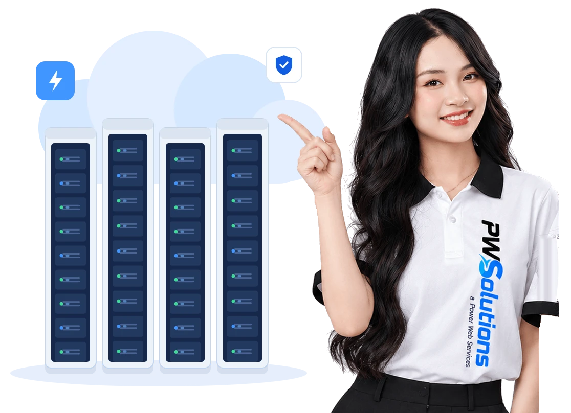 Nhân viên POWES mặc đồng phục chỉ tay về dãy tủ máy chủ và đám mây, minh hoạ hạ tầng Enterprise Cloud