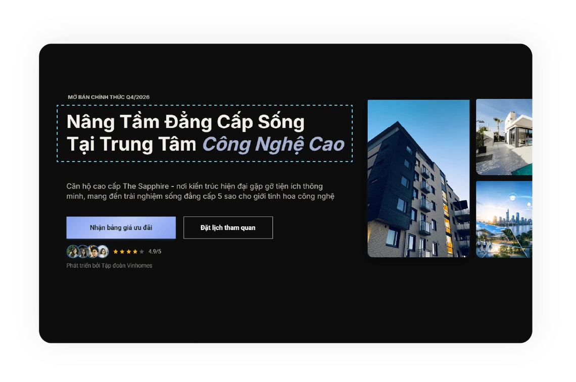 Landing page với khối tiêu đề đang được chọn để sửa chữ.