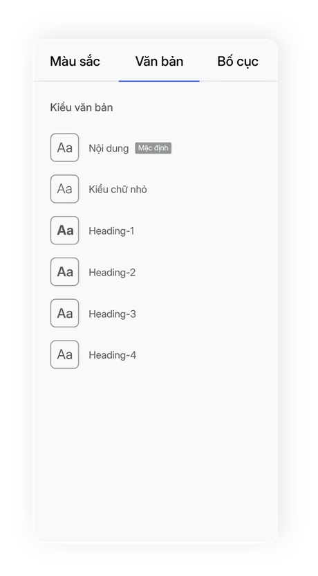 Bảng kiểu văn bản: nội dung, kiểu chữ nhỏ và bốn cấp tiêu đề từ Heading-1 tới Heading-4.