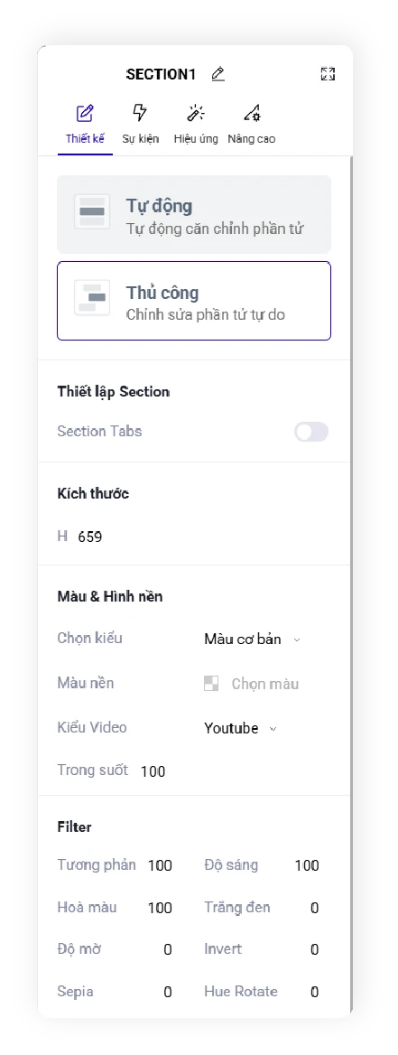 Bảng thiết lập section: chọn giữa căn chỉnh tự động và chỉnh sửa tự do, kèm phần kích thước, màu nền và bộ lọc.