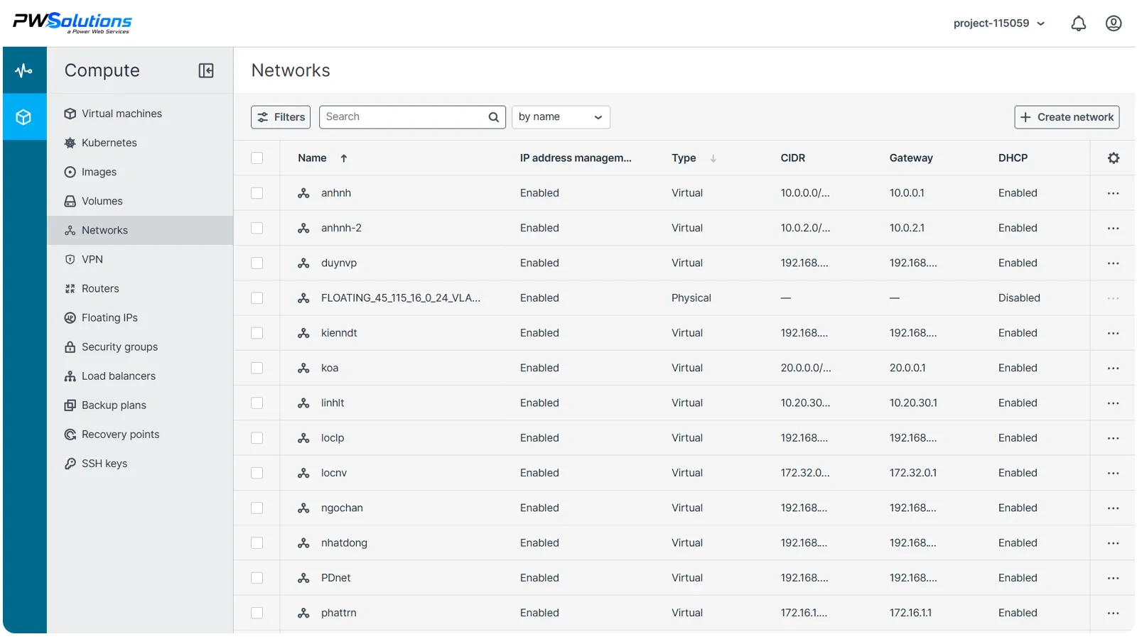 Giao diện quản lý mạng Enterprise Cloud