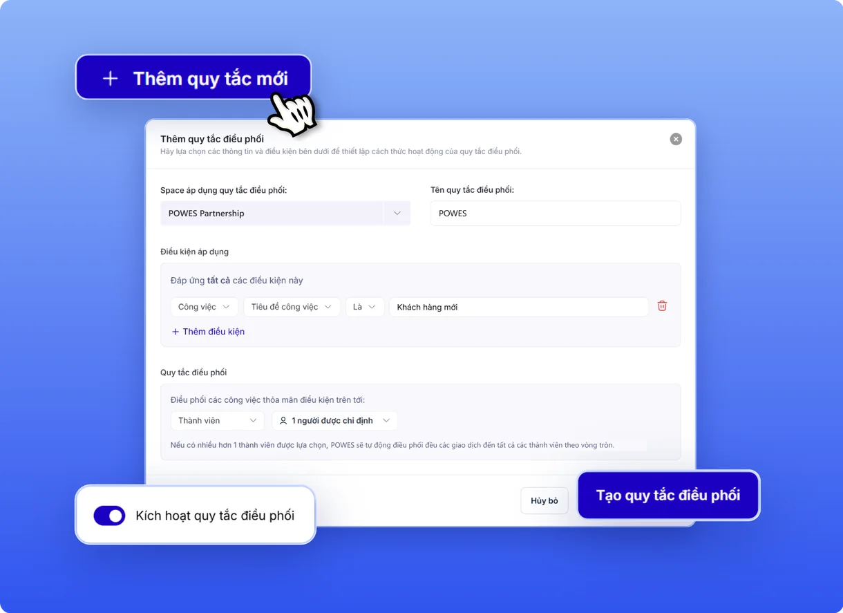 Hộp thoại thêm quy tắc điều phối giao dịch cho thành viên theo điều kiện