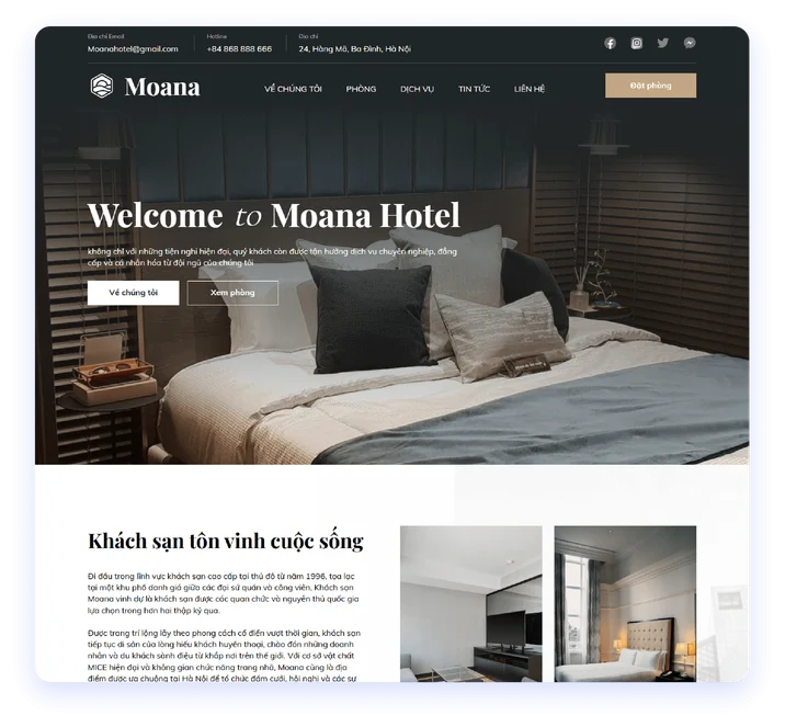 Một website khách sạn dựng bằng POWES, kèm bảng số người đang truy cập theo thời gian thực và biểu đồ phiên truy cập.