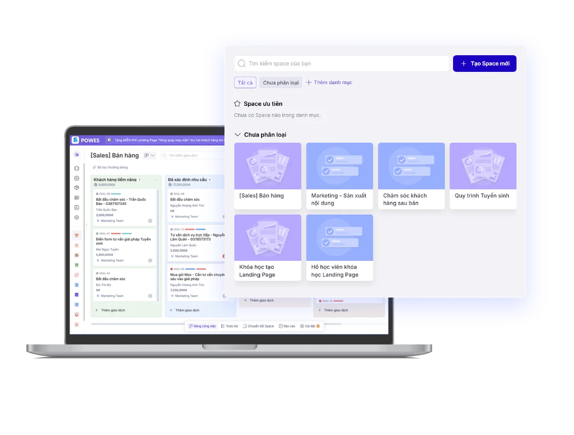 Bảng Kanban bán hàng của POWES cùng danh sách Space quy trình: bán hàng, sản xuất nội dung, chăm sóc khách hàng, tuyển sinh