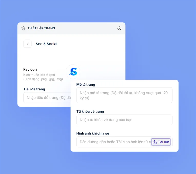 Bảng thiết lập SEO và Social: favicon, tiêu đề, mô tả, từ khoá và hình ảnh chia sẻ.