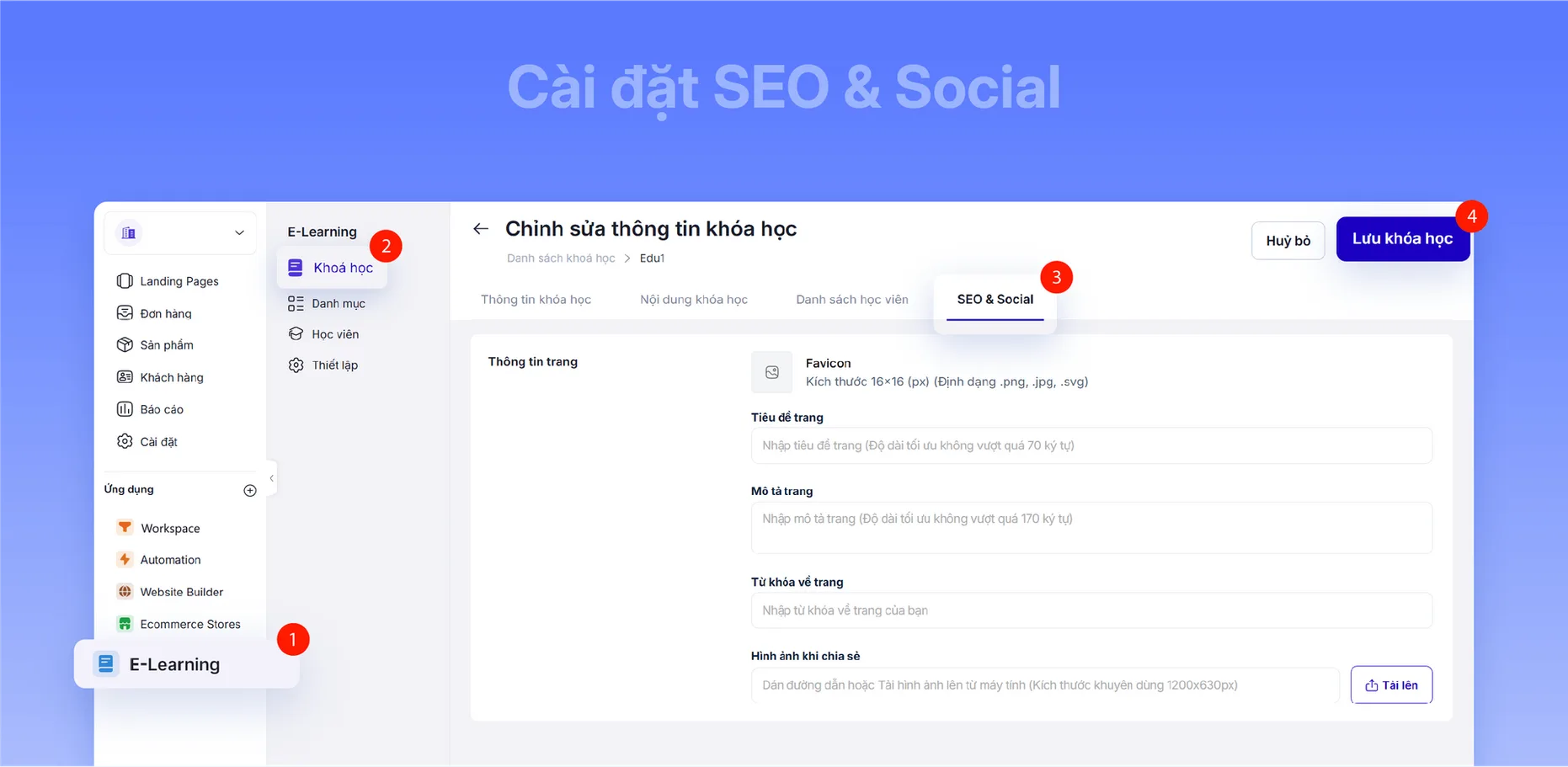 Bước 5 — Cài đặt SEO và Social: favicon, tiêu đề, mô tả và từ khoá của trang khoá học