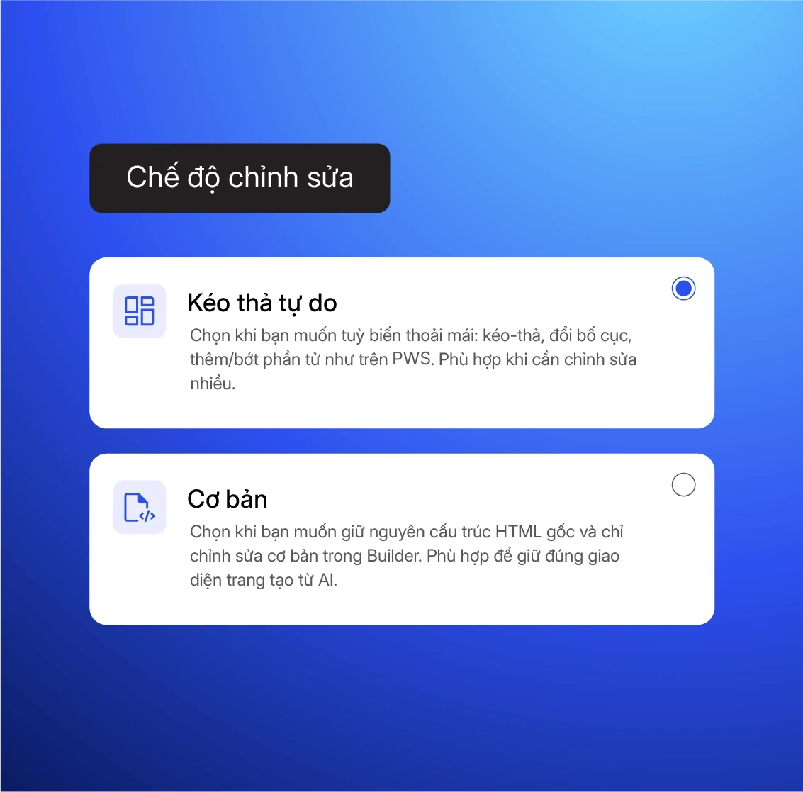 Bảng chọn chế độ chỉnh sửa với hai lựa chọn Kéo thả tự do và Cơ bản, mỗi lựa chọn kèm phần mô tả.