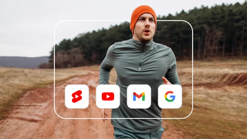 Một người đang chạy bộ ngoài trời, xung quanh là giao diện YouTube, Gmail và Khám phá.