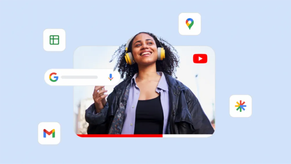Một mẩu quảng cáo video tai nghe, xung quanh là biểu tượng các sản phẩm của Google để thể hiện độ phủ của chiến dịch Tối đa hoá hiệu suất.