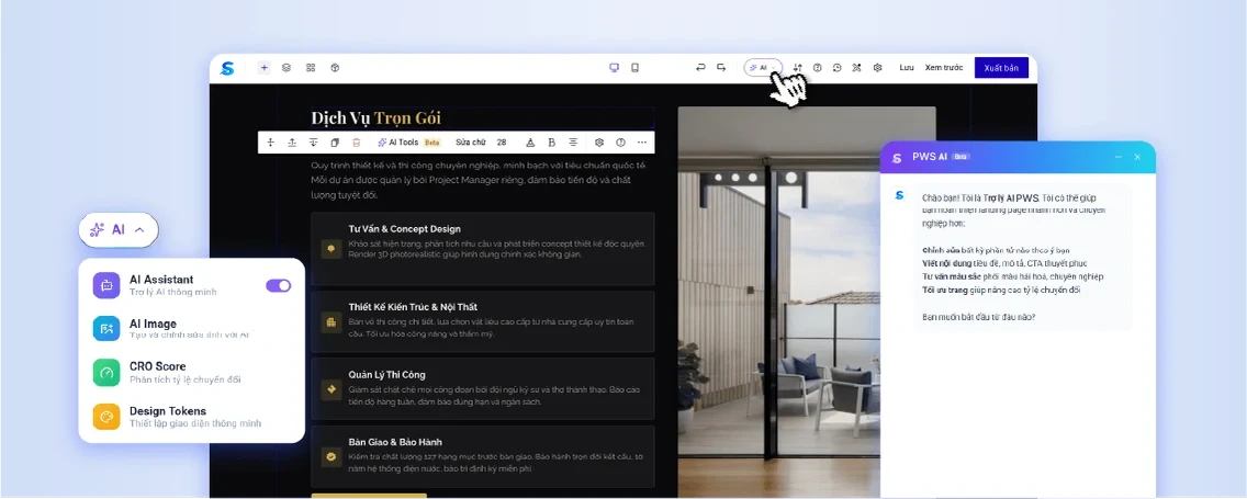 Trình dựng trang đang tự sinh bố cục cho một landing page từ mô tả người dùng nhập vào.