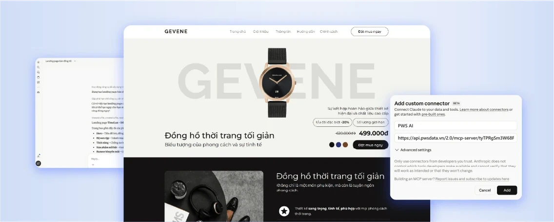 Khung trò chuyện với AI đang trả về một landing page hoàn chỉnh ngay trong cuộc hội thoại.