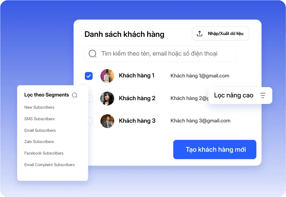 Danh sách khách hàng cạnh bảng lọc theo Segments: Email, SMS, Zalo, Facebook Subscribers.