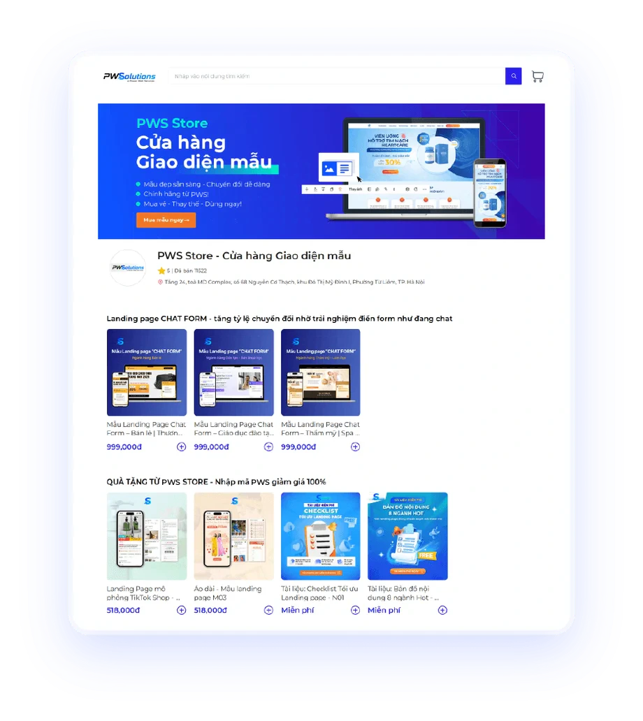 Trang cửa hàng trực tuyến dựng bằng POWES, kèm thẻ 95,98% cơ hội kinh doanh và hộp chọn số lượng với nút Mua ngay.
